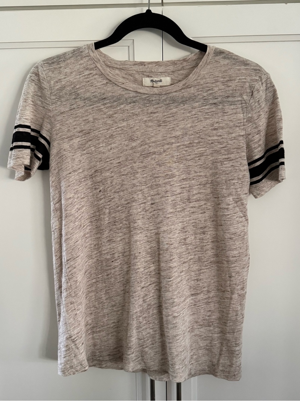 Madewell Top Womens XS Beige Linen Striped Short Sleeve Crewneck Coastal Beachy - Picture 2 of 10